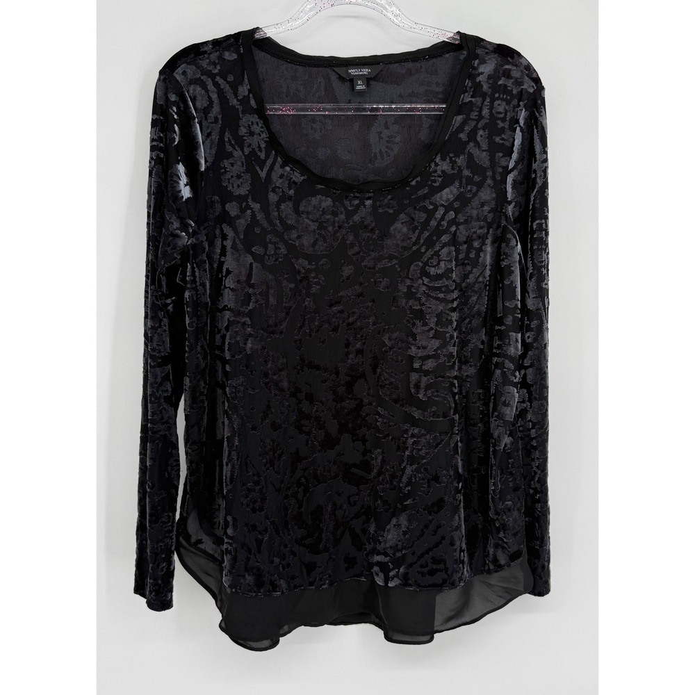 Simply Vera Vera Wang Womens Black Velvet Damask Long Sleeve Top Blouse Sz XL
